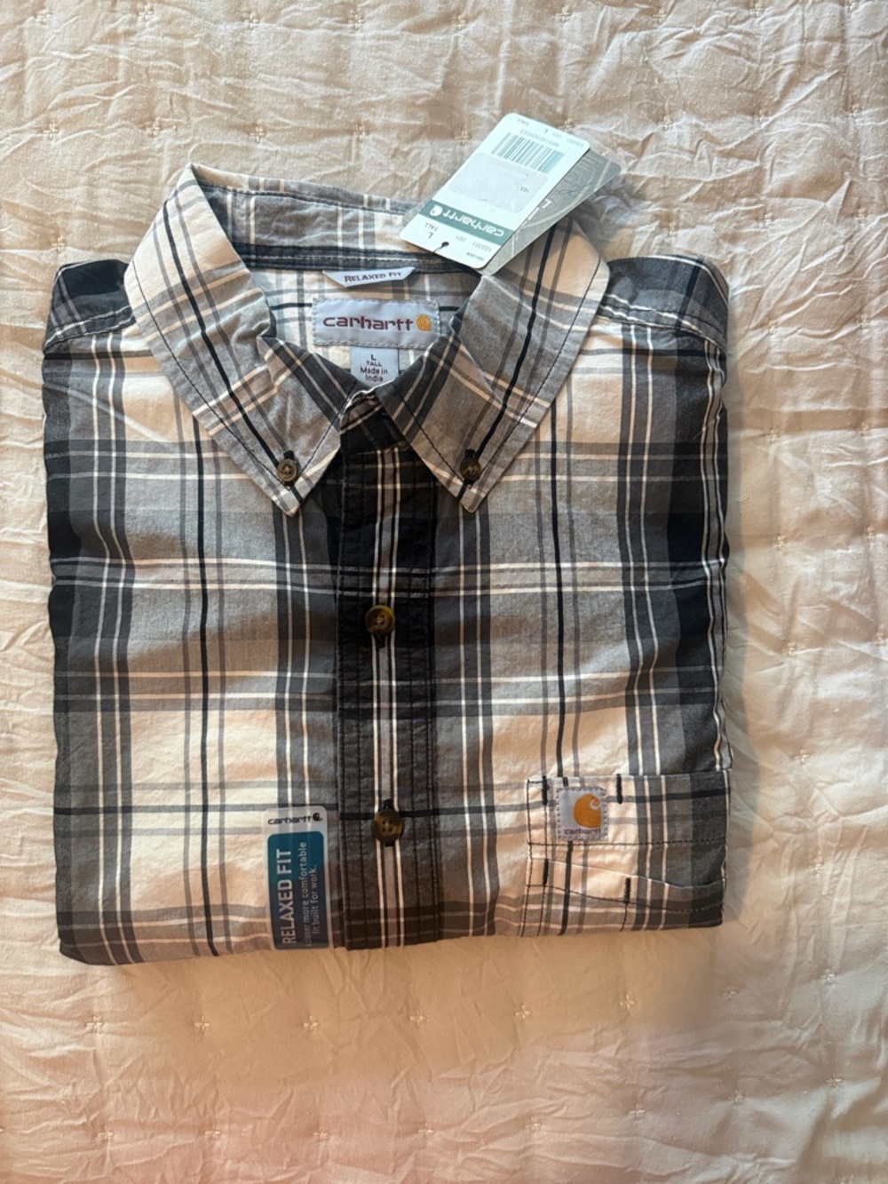 Carhartt Men's Relaxed Fit Plaid Button-Down Shirt - Black & White